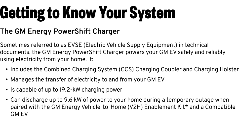 Getting to Know Your System The GM Energy PowerShift Charger Sometimes referred to as EVSE (Electric Vehicle Supply E...