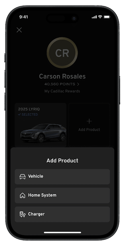 A mobile app screen shows a user profile with initials CR, the name Carson Rosales, and options to add a product including Vehicle, Home System, and Charger, with a dark-themed interface. Description generated by AI