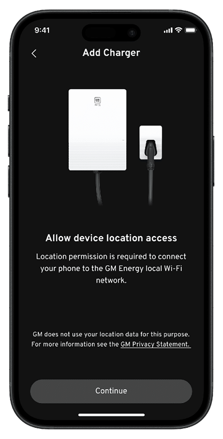 A smartphone screen displays a prompt to allow device location access for connecting a charger to a local Wi-Fi network with a continue button at the bottom. Description generated by AI