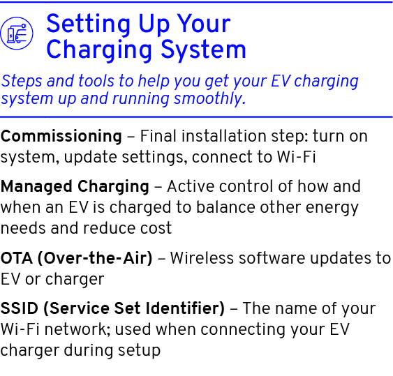  Commissioning – Final installation step: turn on system, update settings, connect to Wi Fi Managed Charging – Active...