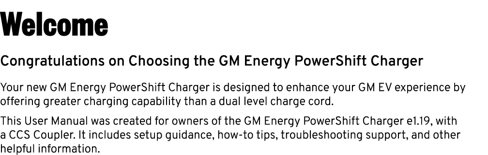 Welcome Congratulations on Choosing the GM Energy PowerShift Charger Your new GM Energy PowerShift Charger is designe...