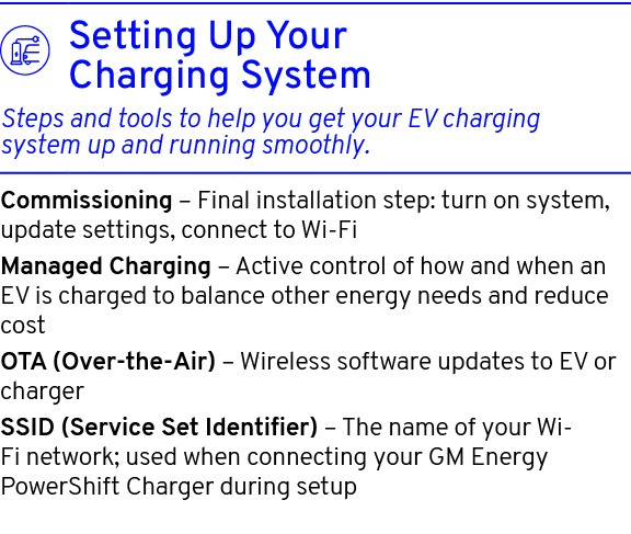  Commissioning – Final installation step: turn on system, update settings, connect to Wi Fi Managed Charging – Active...