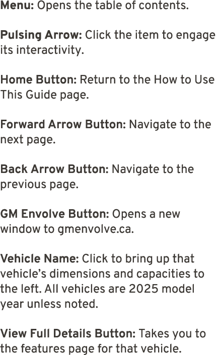 Menu: Opens the table of contents. Pulsing Arrow: Click the item to engage its interactivity. Home Button: Return to ...