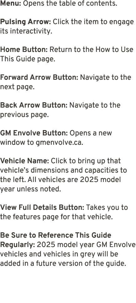 Menu: Opens the table of contents. Pulsing Arrow: Click the item to engage its interactivity. Home Button: Return to ...