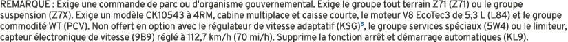 REMARQUE : Exige une commande de parc ou d'organisme gouvernemental. Exige le groupe tout terrain Z71 (Z71) ou le gro...