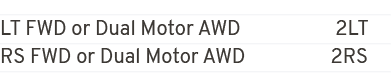 LT FWD or Dual Motor AWD 2LT RS FWD or Dual Motor AWD 2RS