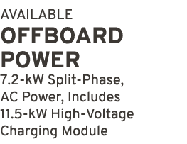 AVAILABLE OFFBOARD POWER 7.2 kW Split Phase, AC Power, Includes 11.5 kW High Voltage Charging Module