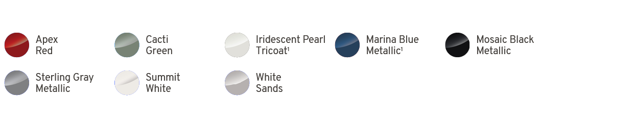 ￼,Apex Red,￼,Cacti Green,￼,Iridescent Pearl Tricoat1,￼,Marina Blue Metallic1,￼,Mosaic Black Metallic,￼,Sterling Gray ...