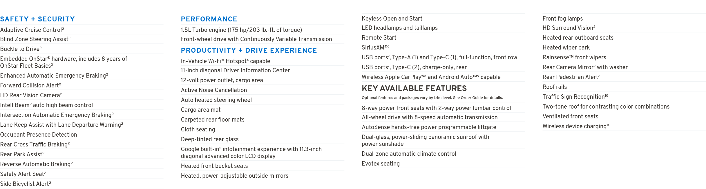 SAFETY + SECURITY Adaptive Cruise Control2 Blind Zone Steering Assist2 Buckle to Drive2 Embedded OnStar® hardware, in...