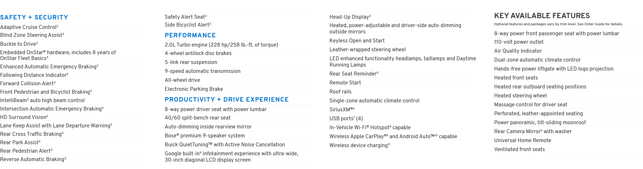 SAFETY + SECURITY Adaptive Cruise Control2 Blind Zone Steering Assist2 Buckle to Drive2 Embedded OnStar® hardware, in...