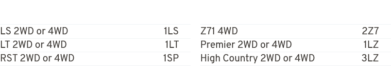 LS 2WD or 4WD 1LS LT 2WD or 4WD 1LT RST 2WD or 4WD 1SP Z71 4WD 2Z7 Premier 2WD or 4WD 1LZ High Country 2WD or 4WD 3LZ