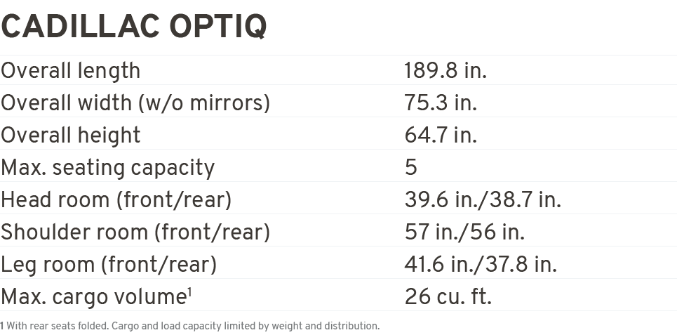 Cadillac optiq Overall length 189.8 in. Overall width (w/o mirrors) 75.3 in. Overall height 64.7 in. Max. seating cap...
