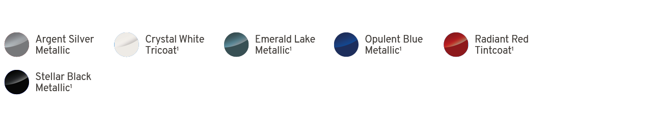 ￼,Argent Silver Metallic,￼,Crystal White Tricoat1,￼,Emerald Lake Metallic1,￼,Opulent Blue Metallic1,￼,Radiant Red Tin...