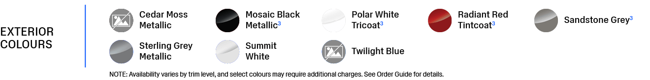  NOTE: Availability varies by trim level, and select colours may require additional charges. See Order Guide for deta...