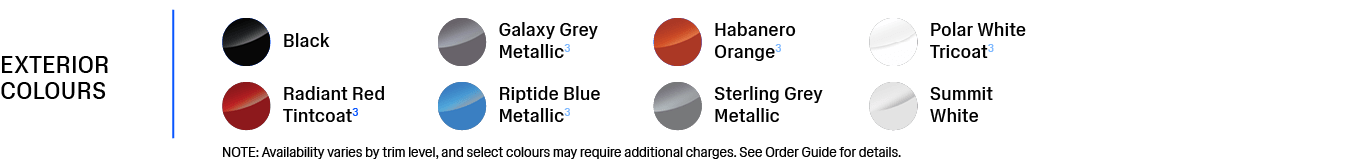  NOTE: Availability varies by trim level, and select colours may require additional charges. See Order Guide for deta...