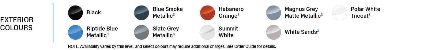  NOTE: Availability varies by trim level, and select colours may require additional charges. See Order Guide for deta...