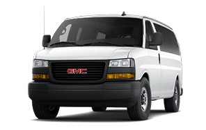 White GMC cargo van shown from a front three-quarter view on a white background. Description generated by AI