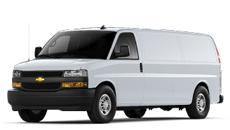 A white cargo van with tinted windows and a black front bumper is shown on a white background. Description generated by AI