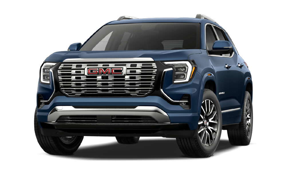 A dark blue GMC SUV is shown from the front angle with a prominent chrome grille and modern LED headlights. Description generated by AI