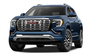 A dark blue GMC SUV is shown from a front three-quarter angle with a prominent chrome grille and modern LED headlights. Description generated by AI