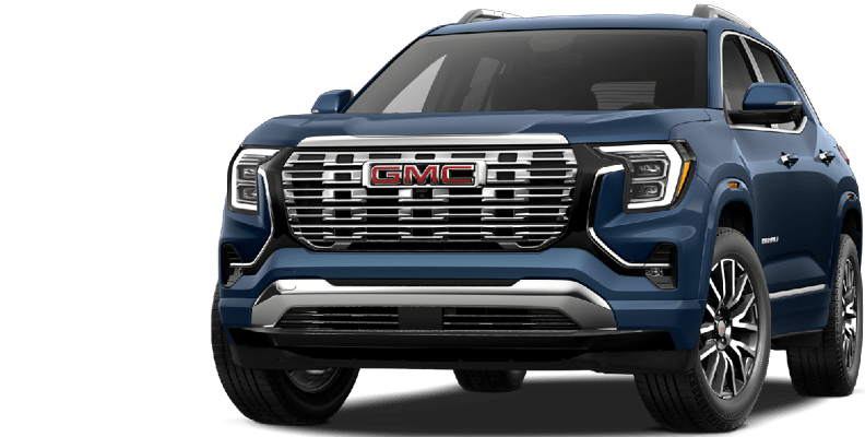 A dark blue GMC SUV is shown from the front with a prominent chrome grille and modern LED headlights. Description generated by AI