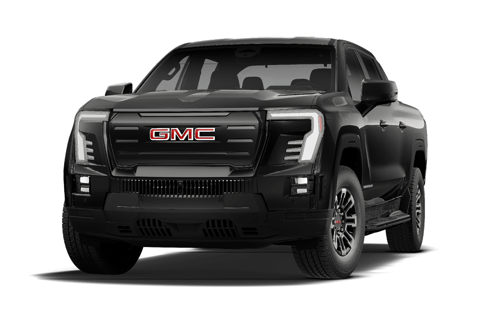 A black GMC pickup truck is shown from a front three-quarter angle with a bold grille and modern LED headlights. Description generated by AI