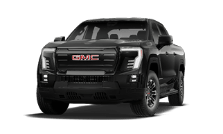 A black GMC pickup truck is shown from the front angle with a bold grille and modern LED headlights. Description generated by AI