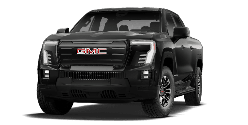 A black GMC pickup truck is shown from a front three-quarter angle with a bold grille and modern LED headlights. Description generated by AI