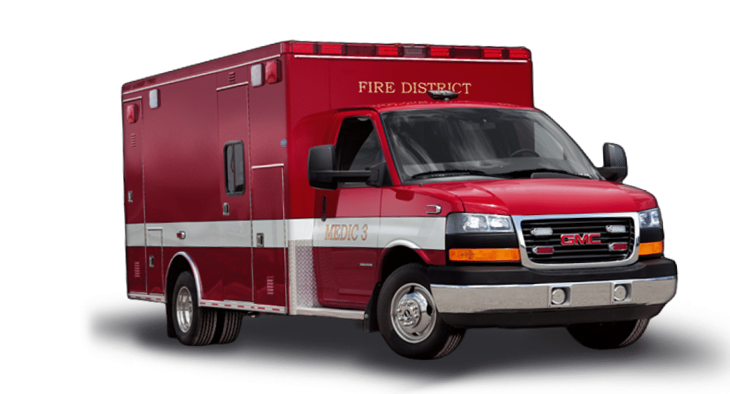 A red and white ambulance parked on the street. Description generated by AI
