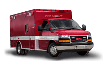 A red and white ambulance parked on the street. Description generated by AI