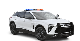 A white SUV with a police car on top. Description generated by AI