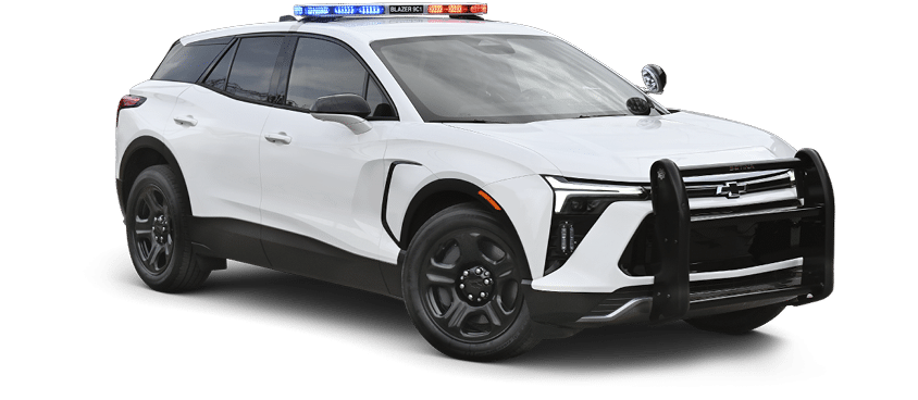 A white SUV with a police car on top of it. Description generated by AI